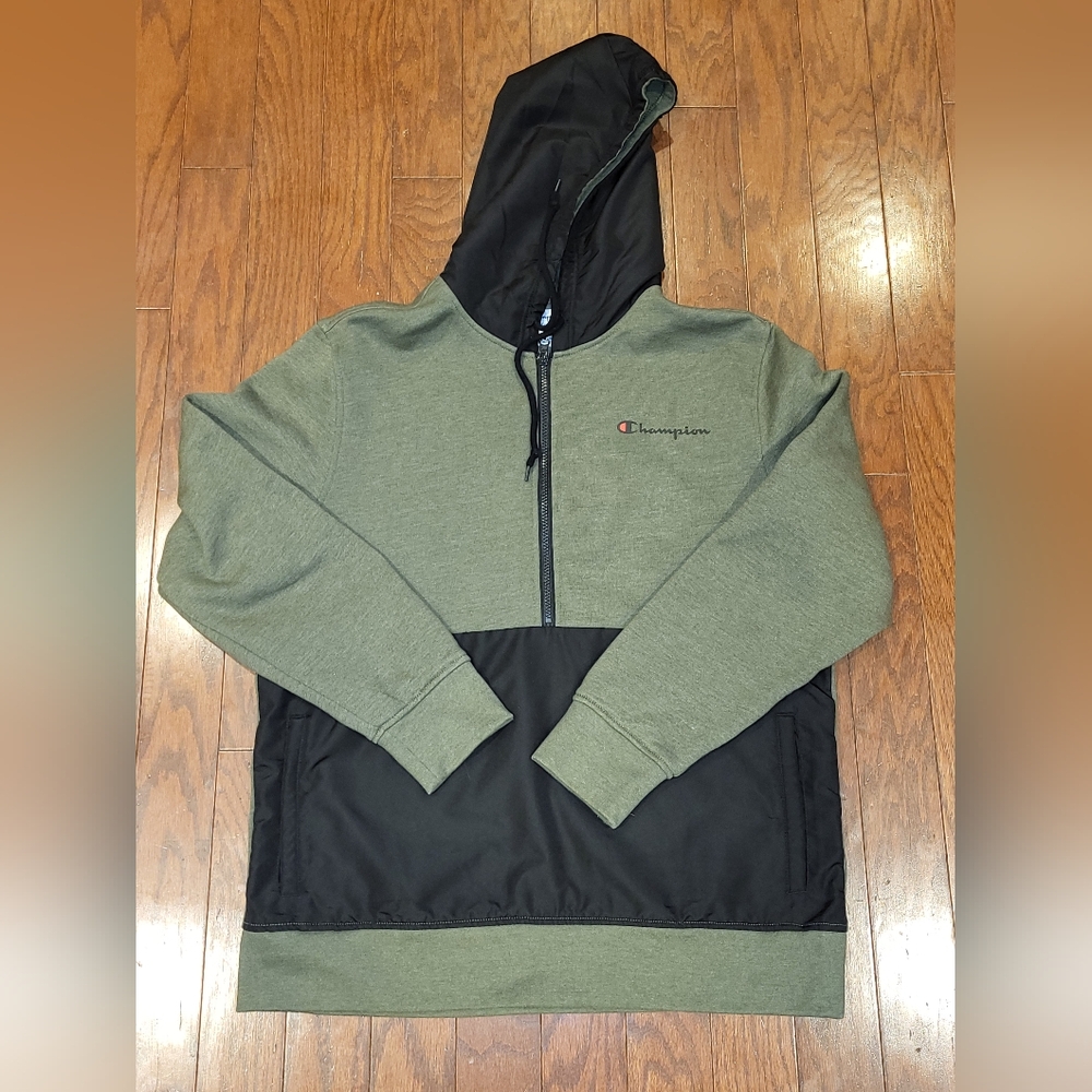 Champion Men's Large Pullover 1/4 Zip Hoodie Olive Green Two Toned Pockets
